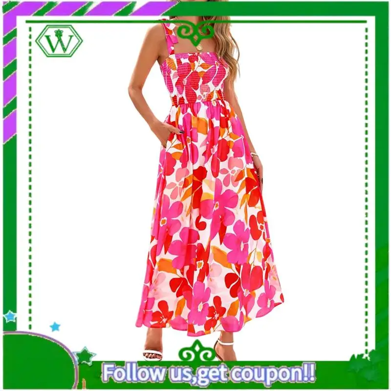 A18P-Vestiti estivi da donna Abito maxi smock floreale senza maniche Boho con cinturino per spaghetti A Line Flowy Beach Abito estivo lungo