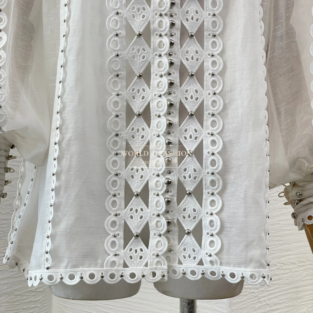 

White Long Sleeve Embroidery Beading Cut Out Blouse Tops 2025 New Design