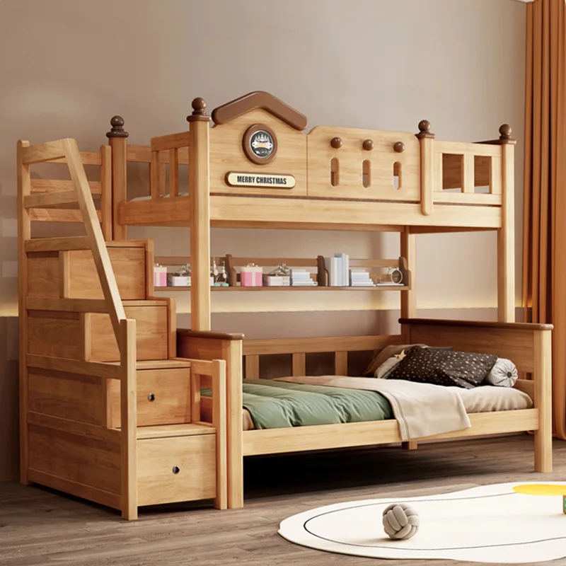 

High and low bunk beds, all solid wood children's beds, mother and child beds, second floor, youth rubber wood small