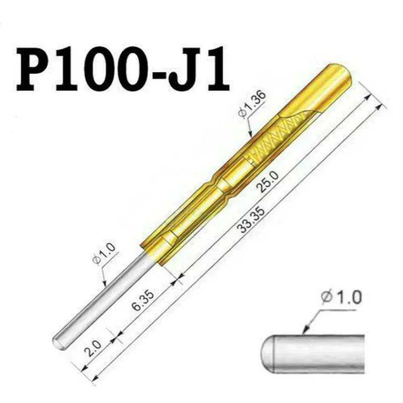 100PCS P100-J1 Small Round Head Spring Test Probe Pogo Pin Outer Diameter 1.36mm Needle Length 33.35mm for Circuit Board Testing