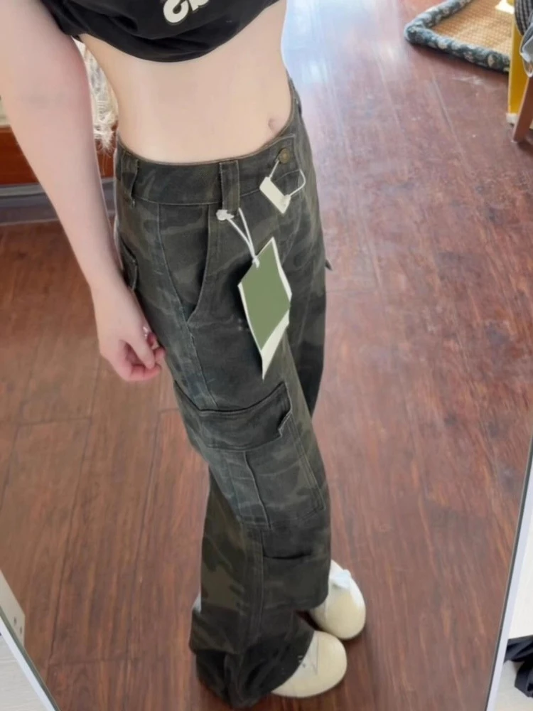 Elegant Casual Slim Floor Mom Jeans American Vintage Camouflage Safari Style Pants Straight High Waist Hop Moda Pant