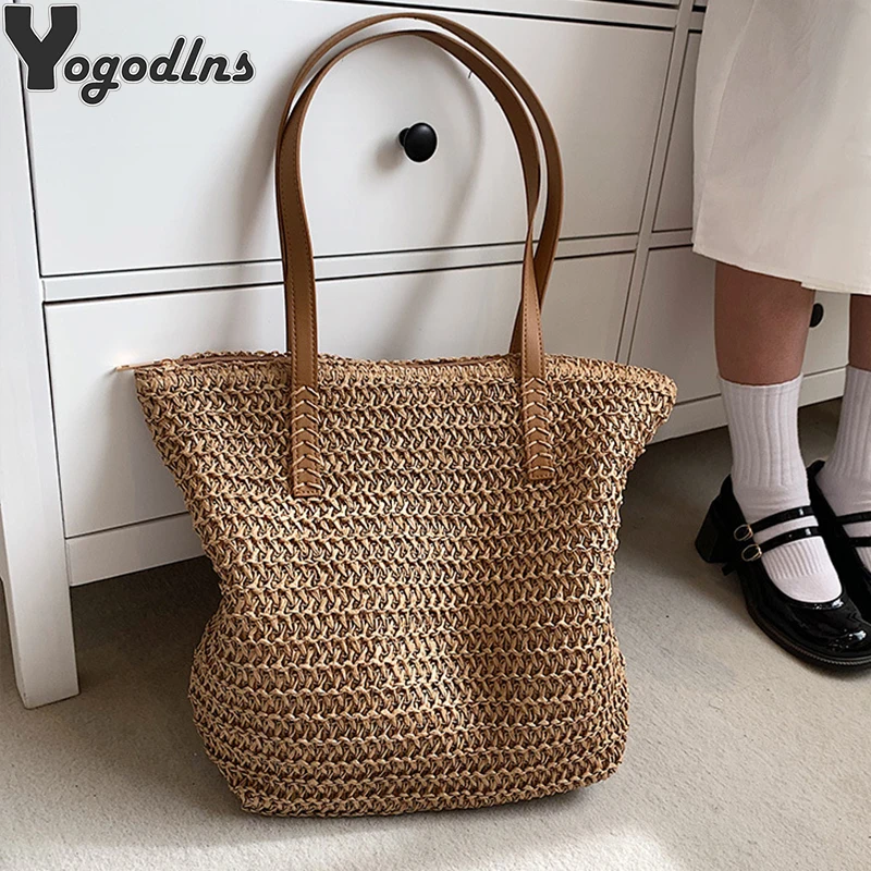 Summer Woven Shoulder Bag Women Beach Shoulder Bag Female Straw Knitted Handmade Large Capacity Handbag Purse Travel Tote Bags