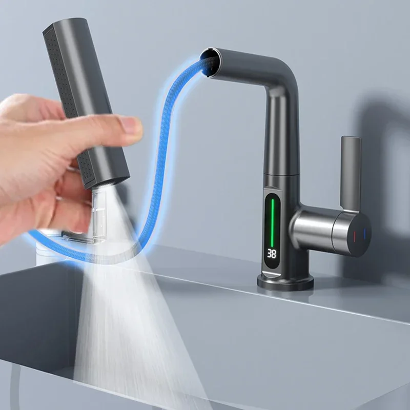 Waterfall Temperature Digital Display Basin Faucet Lift Up Down Stream Sprayer Hot Cold Water Sink Mixer Wash Tap For Bathroom