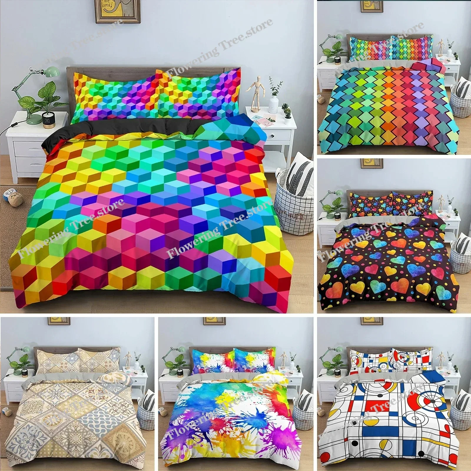 

Geometric Printed Bedding Set Colorful Stripe Duvet Cover For Kids Children Quilt Cover Microfiber Fabric Home Textile