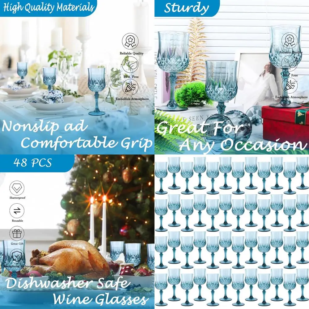 

Vintage-Inspired Plastic Wine Glasses, Set of 48 Dusty Blue, Ideal for Weddings and Grand Events