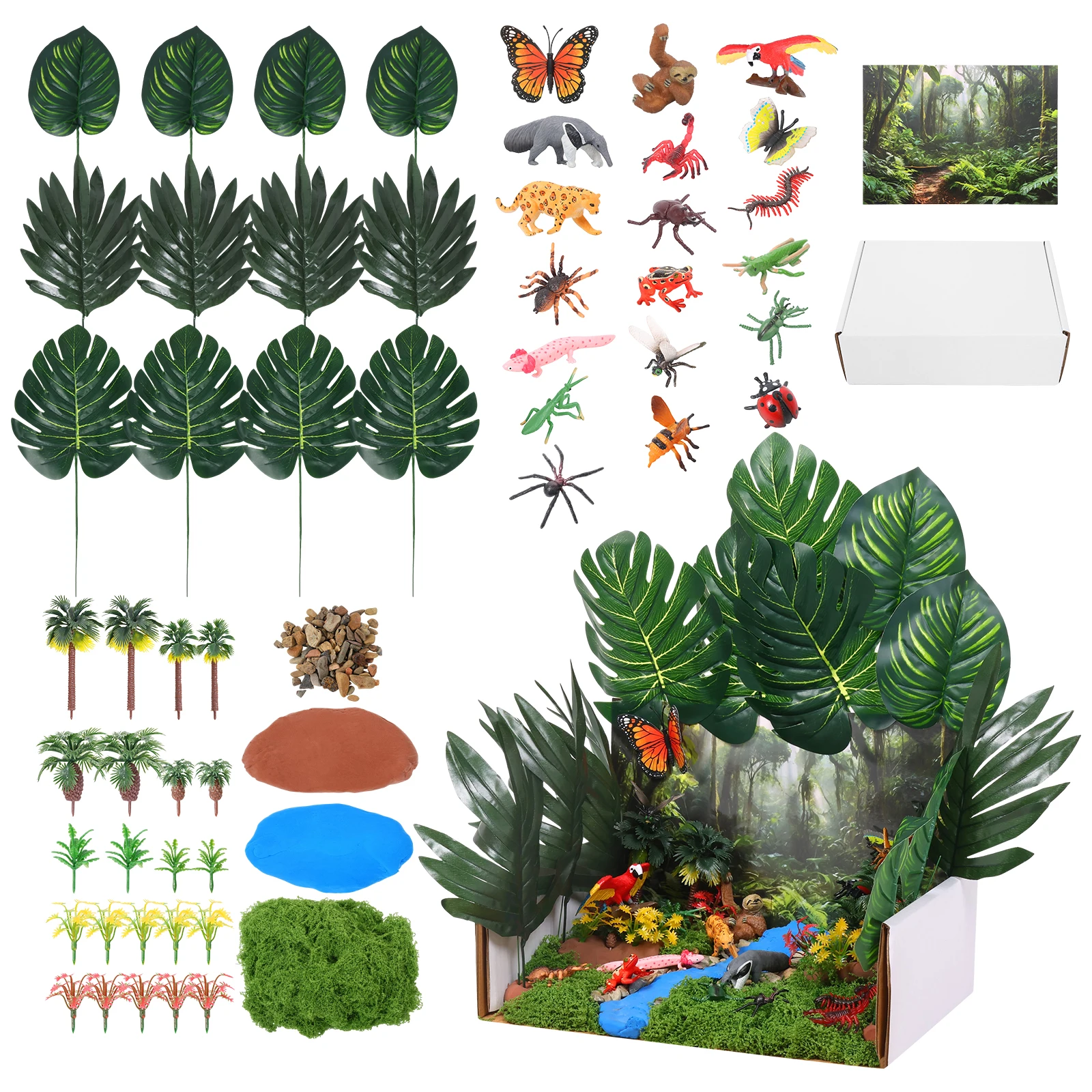 Miniature Rainforest Diorama Supplies Kit DIY Rainforest Animal Figurine Display Set Include Artificial Moss Stream Stone Clay