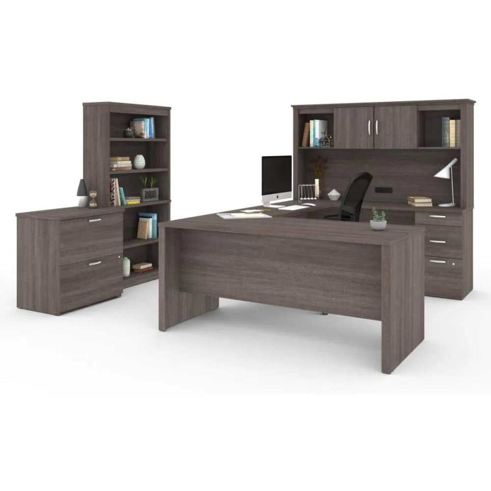 

Desk with Hutch, Lateral File Cabinet, and Bookcase Complete Office Setup for Home or Commercial Spaces