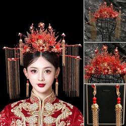 Fashion Bridal Golden Phoenix Crown Earrings Set Chinese Traditional Classic Bridal Headwear For Women Wedding Jewelry Gifts