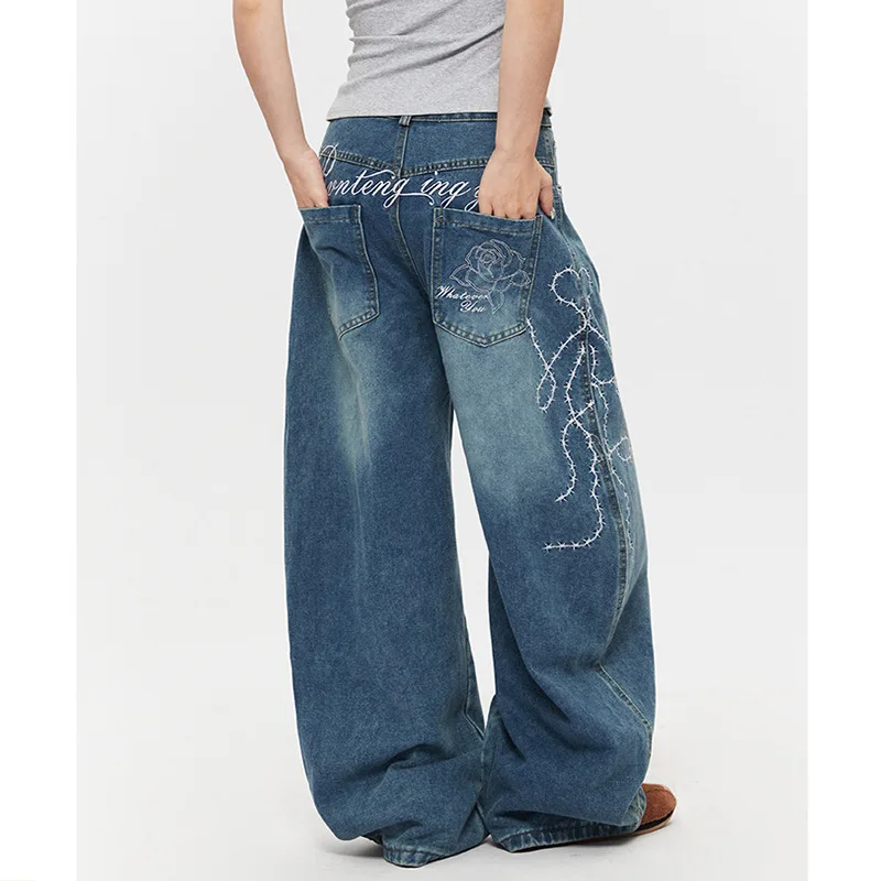 Casual Womens Jeans Y2K Embroidered Baggy Wide Leg Jeans High Street Vintage Cargo Pants Streetwear Fashion Oversized Trousers