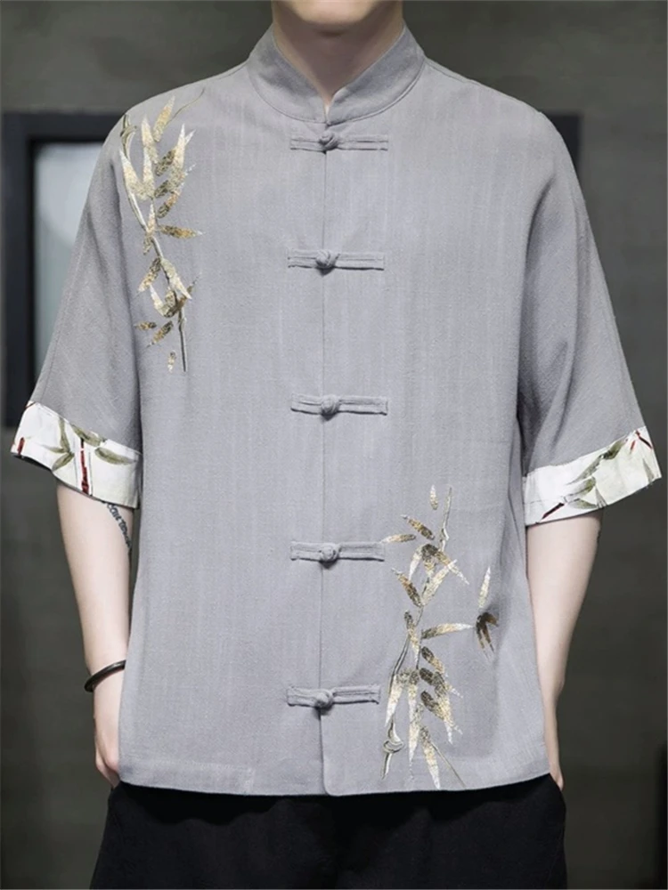 

Loose Fit Linen Cotton ort Sve irt Men's Summer Casual Button up Top Chinese Sle Jaet M Faion Tang Costume