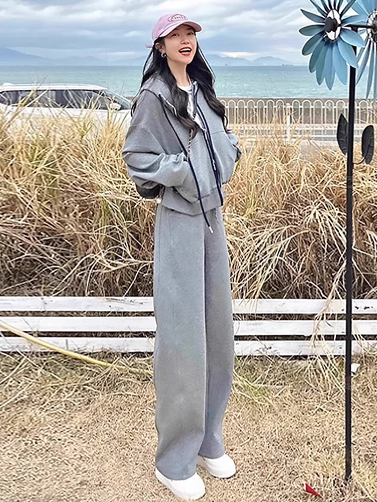 

Серый повседневный спортивный костюм для женщин, осенний модный молодежный комплект из двух предметов с широкими брюками, корейский непринужденный шикарный стиль