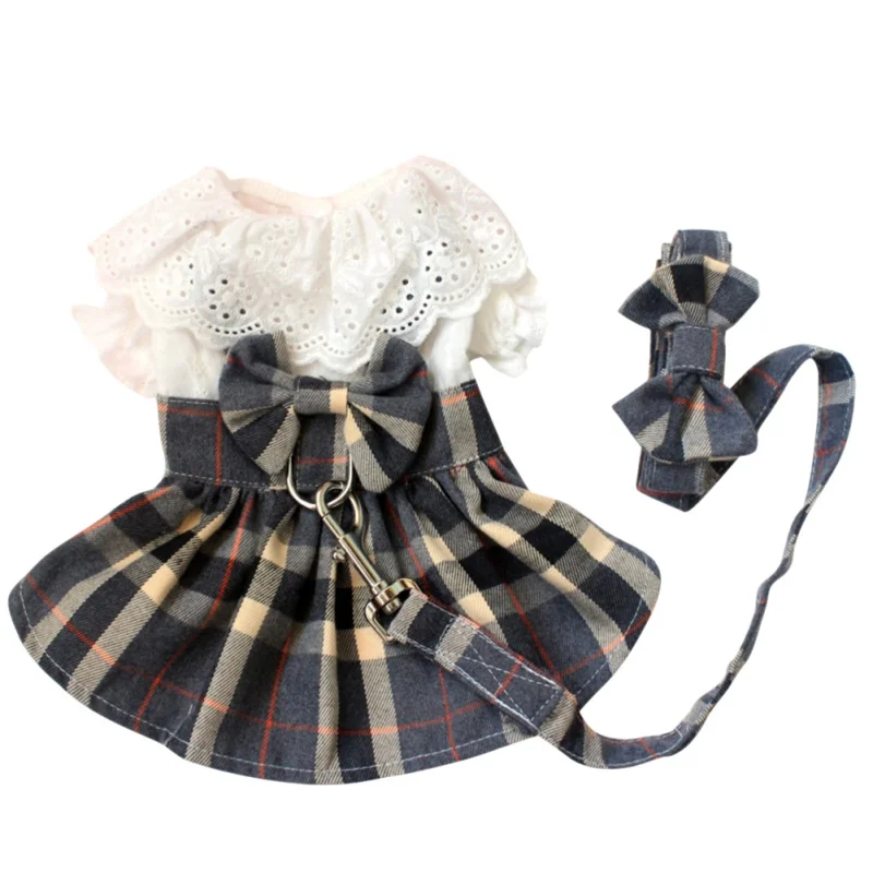 Princess Style Dog Dress Plaid Skirt With Leah Cute Bowknot Doll Collar Dog Clothes For Small Dogs Chihuahua Pet Puppy Costumes