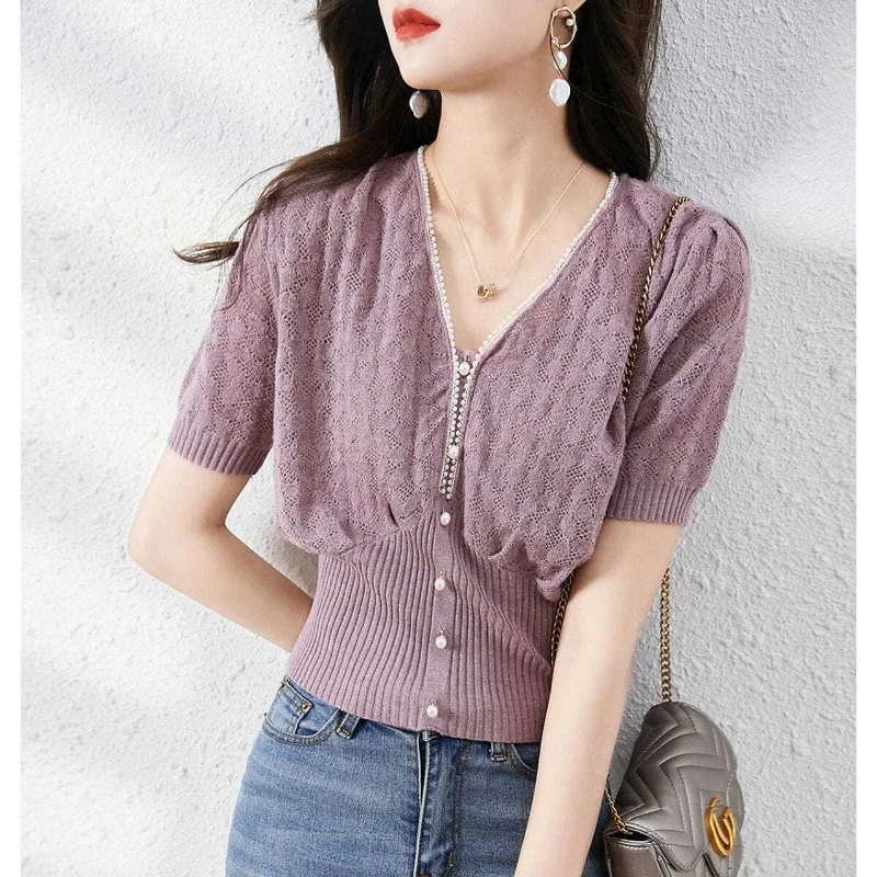 2024 New Summer Korean Fashion Elegance Minimalist Slim Fit Knitted Short Sleeved Solid V-neck Button Zipper Women\'s T-shirt Top