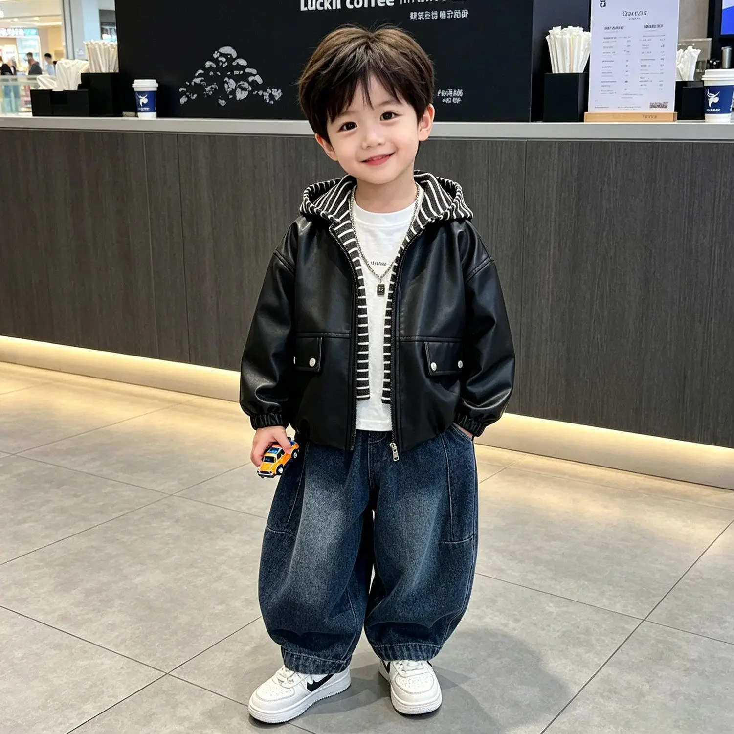 Boys Faux Leather Jacket Autumn PU Biker Coat Kids Stylish Casual Outerwear Children Zipper Clothing