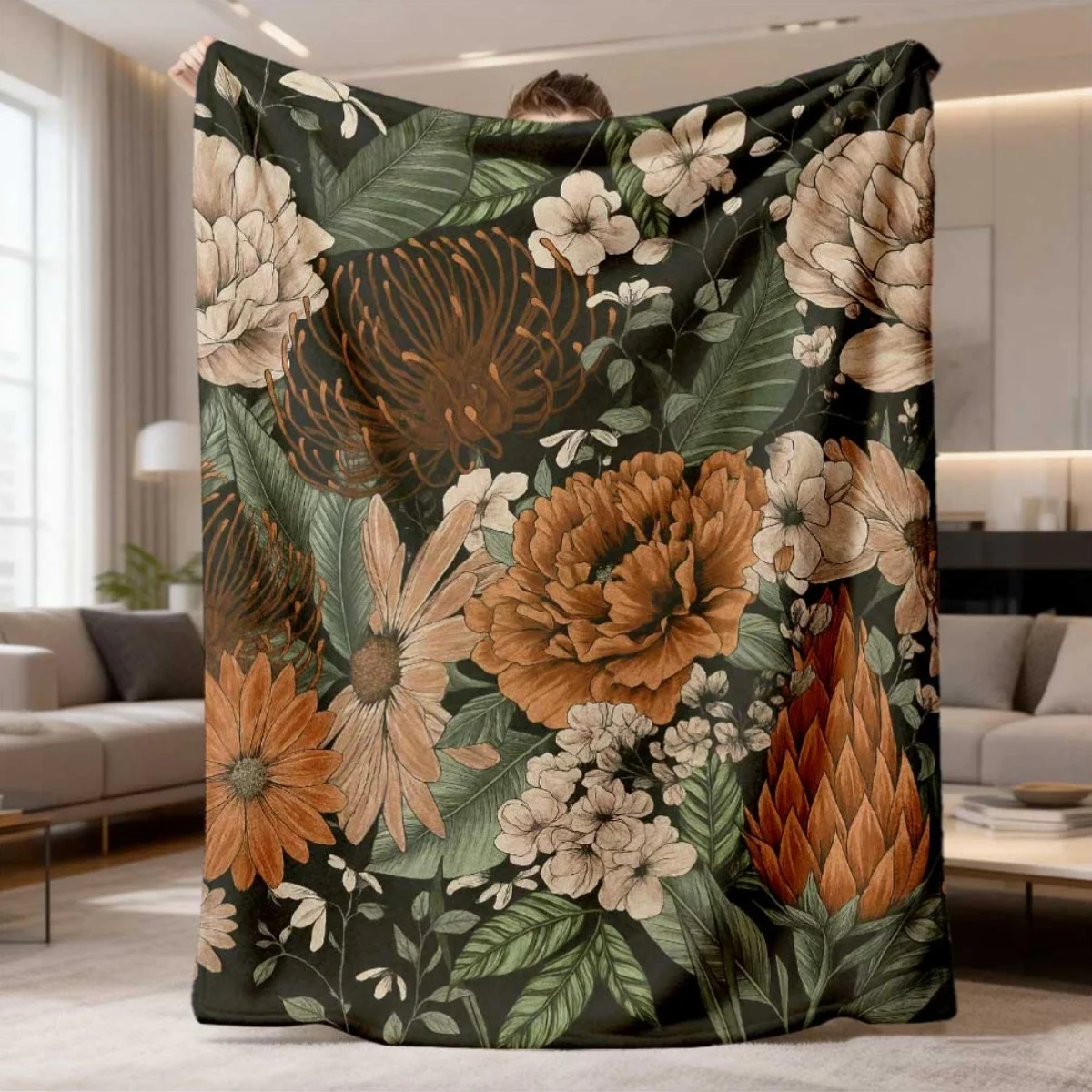 Dark Botanical Flower Blanket Elegant Vintage Rustic Floral Pattern With Various Blooms And Dark Base Soft Flannel Throw Blanket
