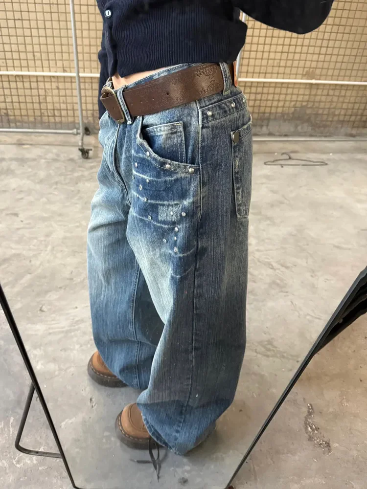 

Retro American Cleanfit Rivet Washed Lightning Jeans Loose Straight Leg Jeans for Men Youth Casual Summer Jeans