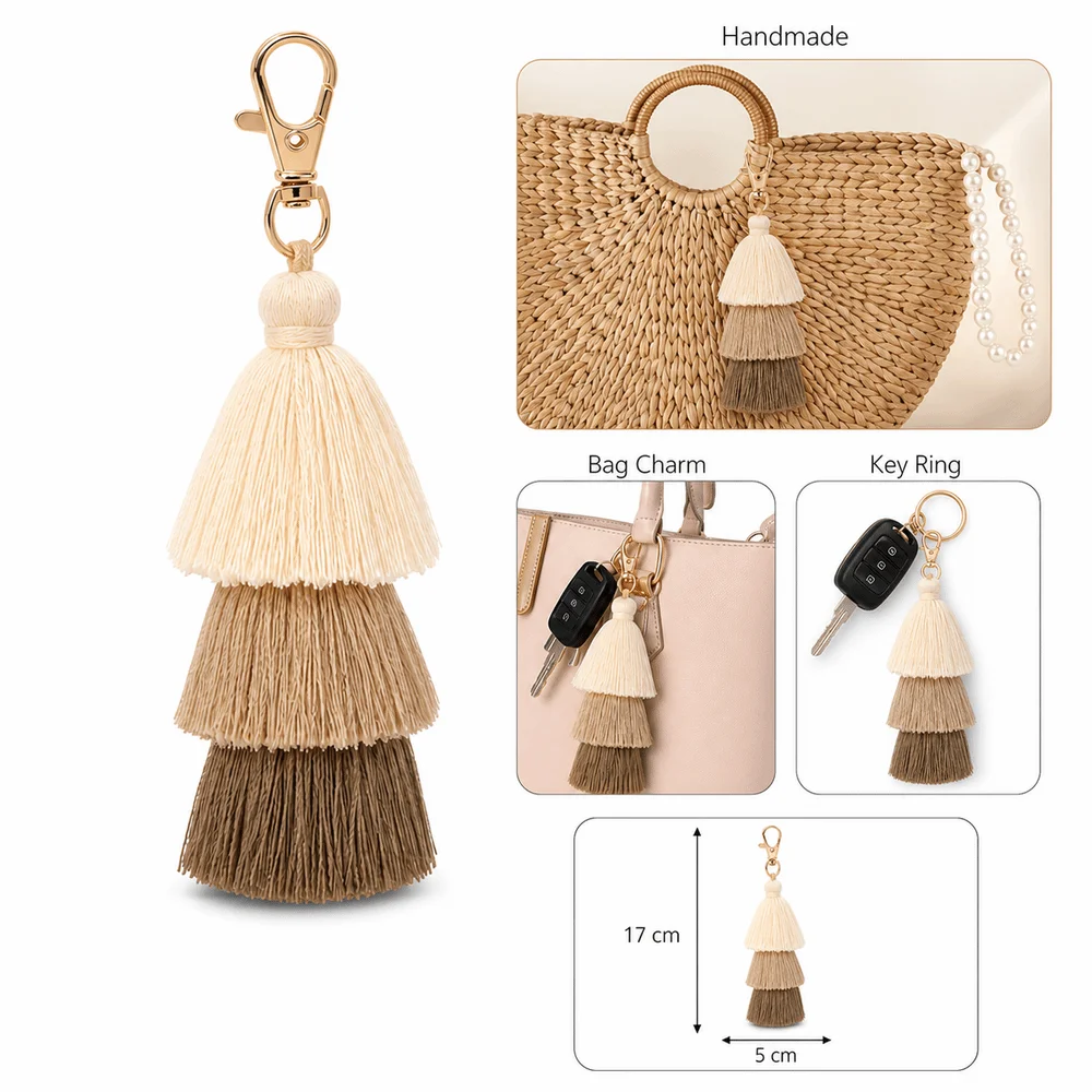 New Bohemian Tassel Keychain Multicolor Handmade Bag Charm Luxurious Triple Layer Decorative Pendant Backpack Decoration