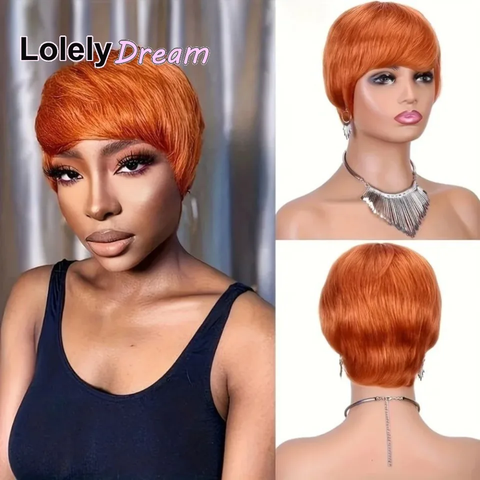 Lolely Dream Machine Made Women Short Orange Ginger 100%  Human Hair Wig with Bangs Remy Straight Wig Layered Pixie Cut Bob Wig image 3