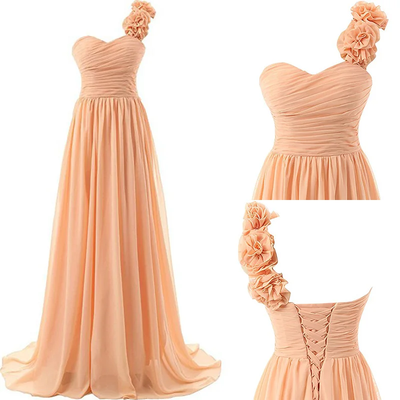 A Line Chiffon One Shoulder Bridesmaid Dresses Flowers Pleat Elegant Wedding Party Formal Prom Evening Sweep Train Corset Back