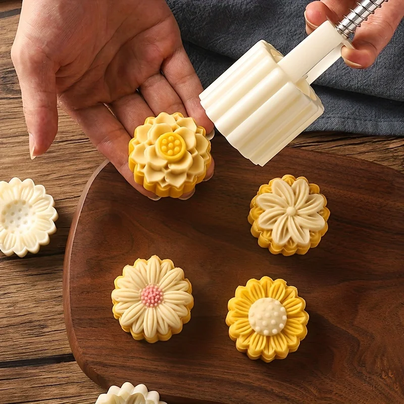 Flowers Moon Cake Mold Set, 1 Mold And 4 Stamps,DIY Hand Press Mung Bean Cake,Mid Autumn Festival Pastry Molds, Cookie cutting