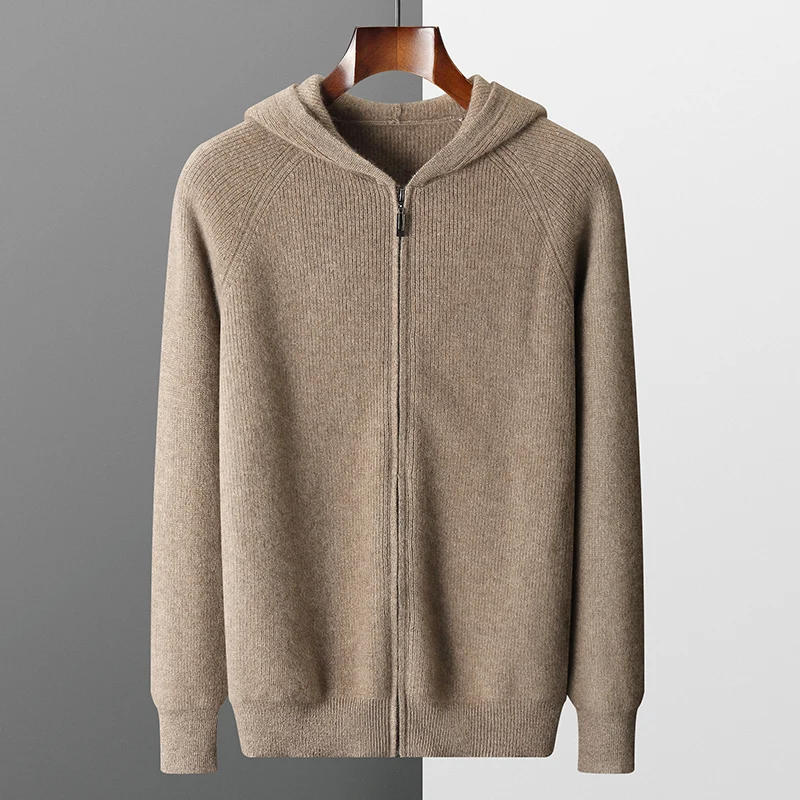 

Autumn Winter Thickened Knit Coat Long Sleeved Sportswear Coat Men 100% Merino Wool Sweater Hooded Zipper Cardigan