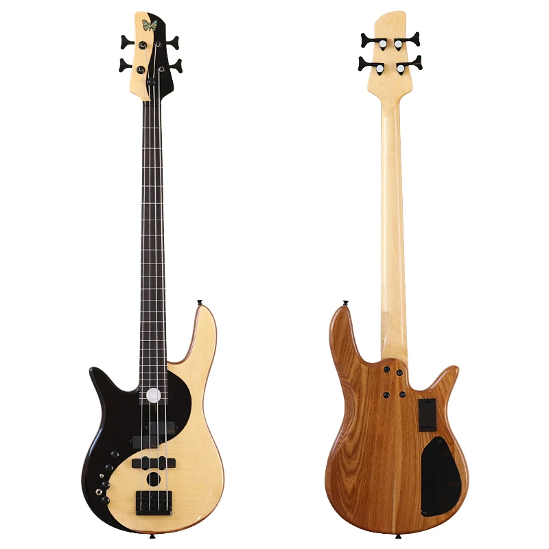 Left Hand Active 4 String Bass Guitar Maple Hickory Wood Black & White Color Electric Bass Guitar Fretless with fret line