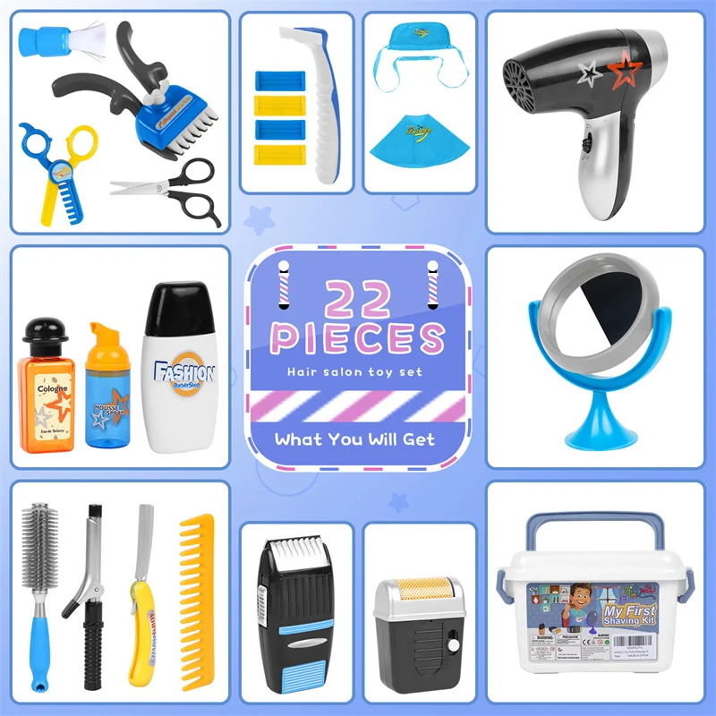 Barber Set Boy Toy Pretend Play Hair Salon Playset with Shaver, Blow Dryer, Scissors, Razors and Styling Accessories for Kids