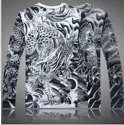 Chinese National Wind Tattoo Dimensional Printing Cotton Long-Sleeved T Shirt Men's Slim Fitted Dragon Pattern Tops Tee Shirts