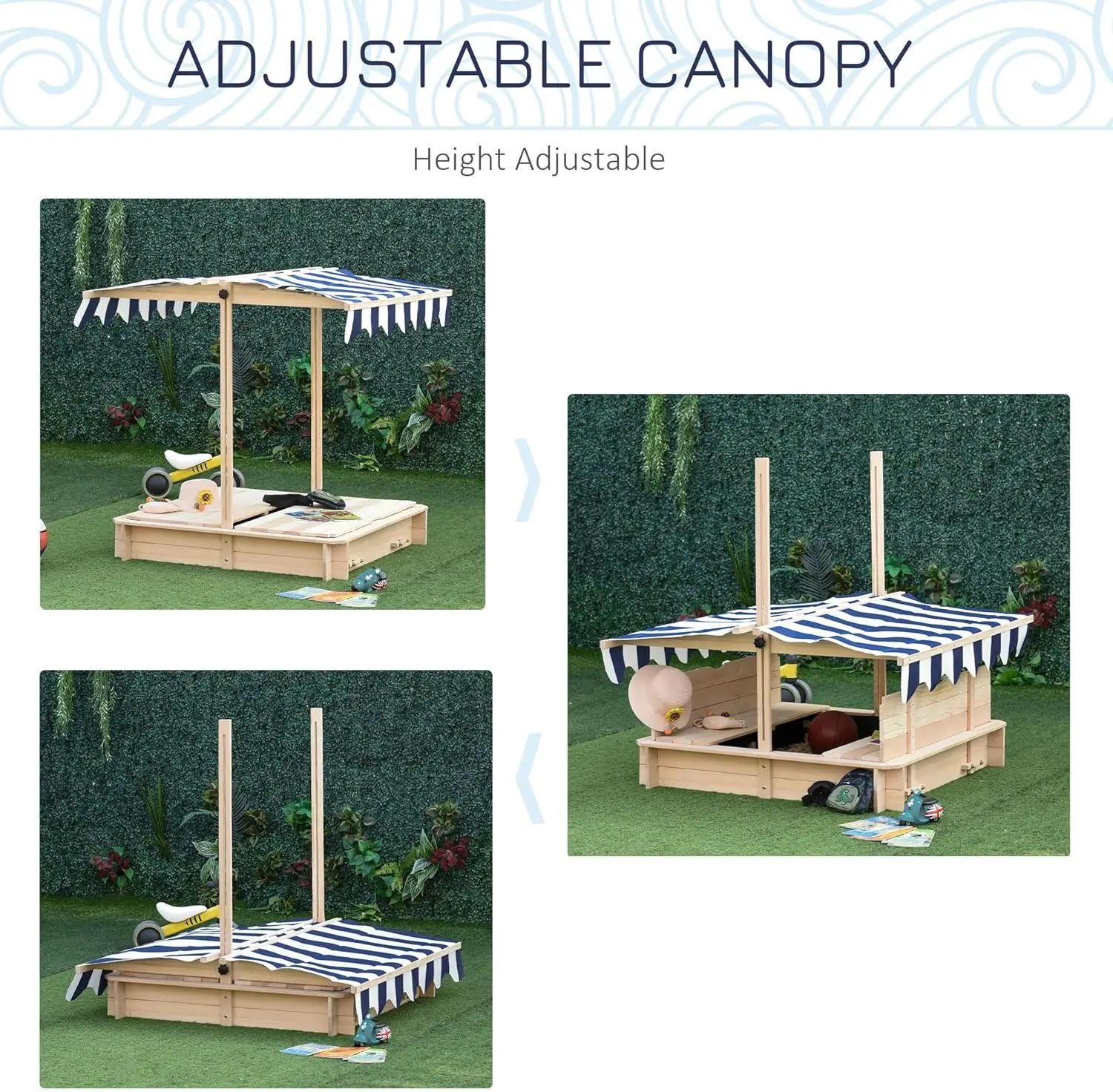 커버가 있는 나무 어린이 샌드박스, 접이식 벤치 시트, 조절 가능한 캐노피, 야외 바닥 라이너, 어린이 야외 모래 상자