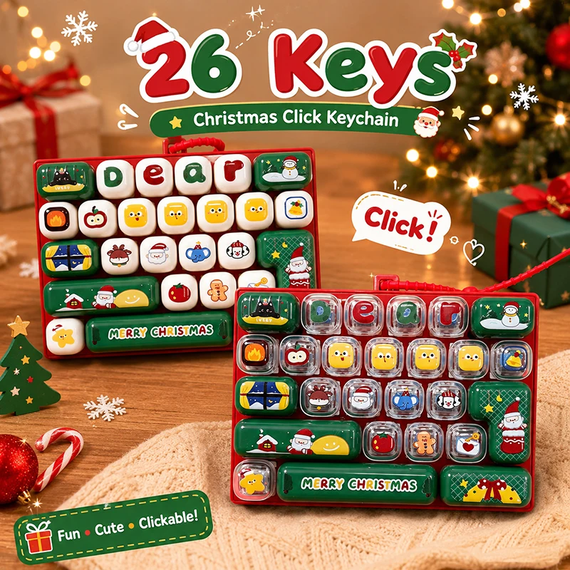 Christmas Gift 26-Keycap Keyboard Keychain Cartoon Pumpkin Ghost Clicker Keyring Christmas Pendent Relieving Stress Fidget