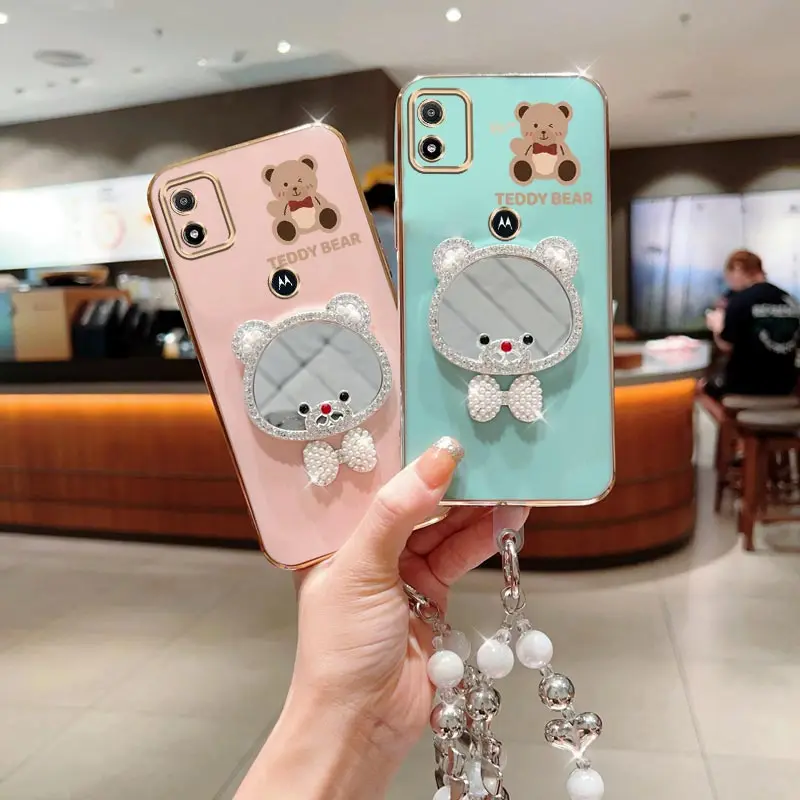 E 13 القوس الدب مرآة اللؤلؤ حزام سوار جراب هاتف على موتورولا موتو E6S E7 زائد Pwer 2021 E13 E20 E22 E32 الوقوف الغطاء الخلفي #1