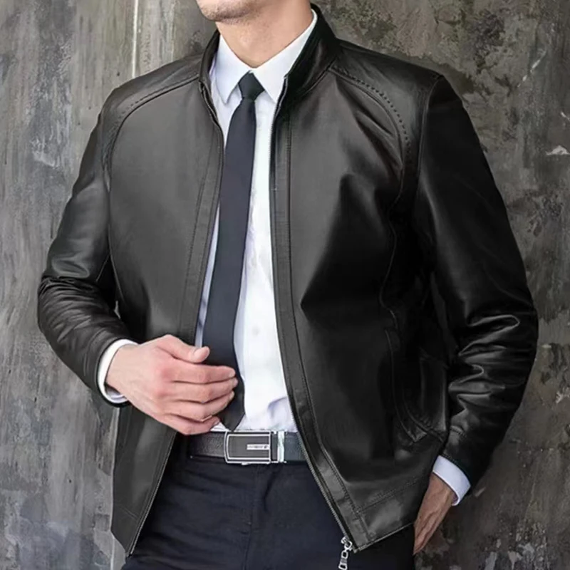 

Genuine Leather Jacket For Men 2024 Male Sheepskin Motorcycle Stand Collar Simple Business Coat Slim Fitting Formal Clothing