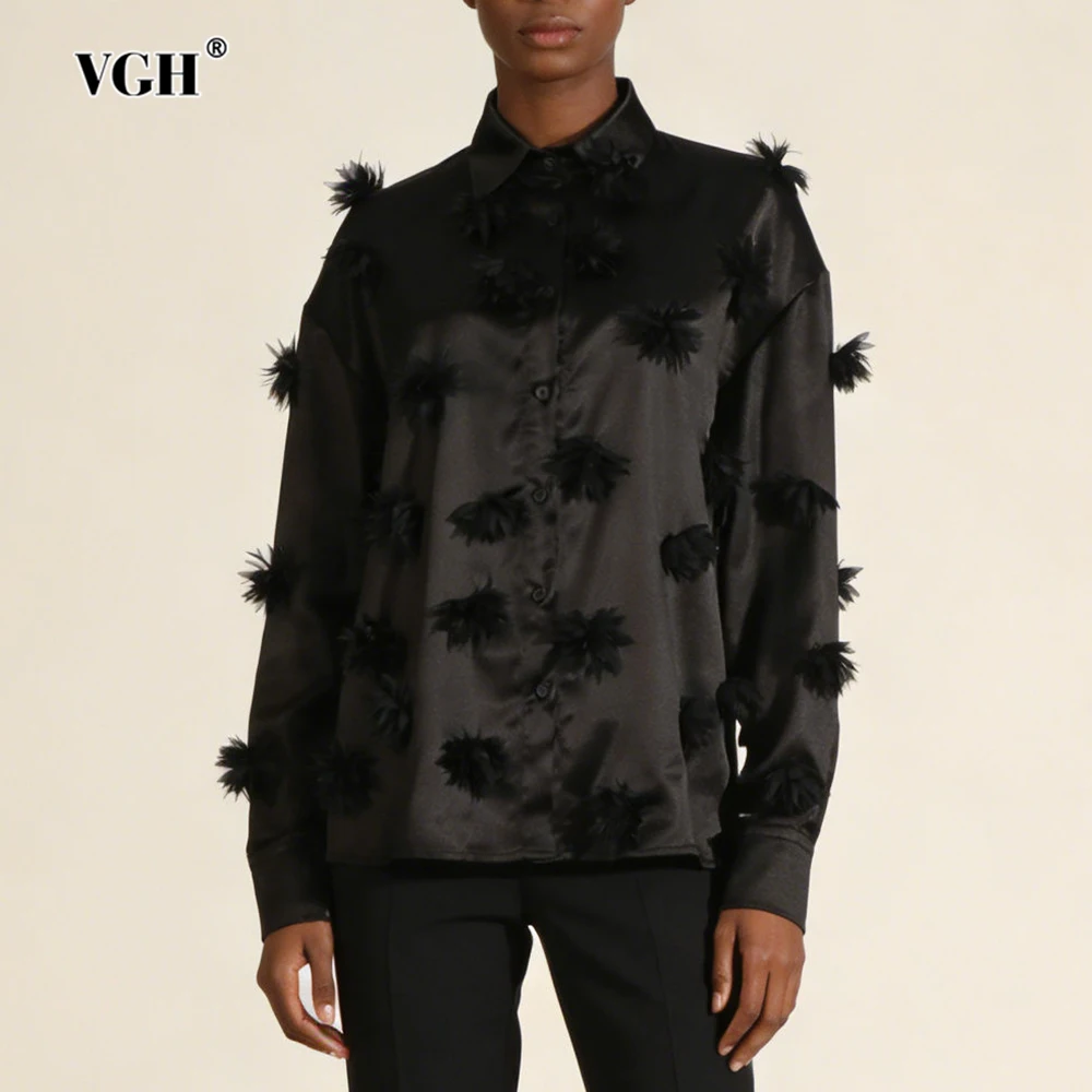 

Женские блузки VGH с аппликациями, однотонные, с отложным воротником, длинным рукавом, осенние, повседневные, для офиса, модный стиль