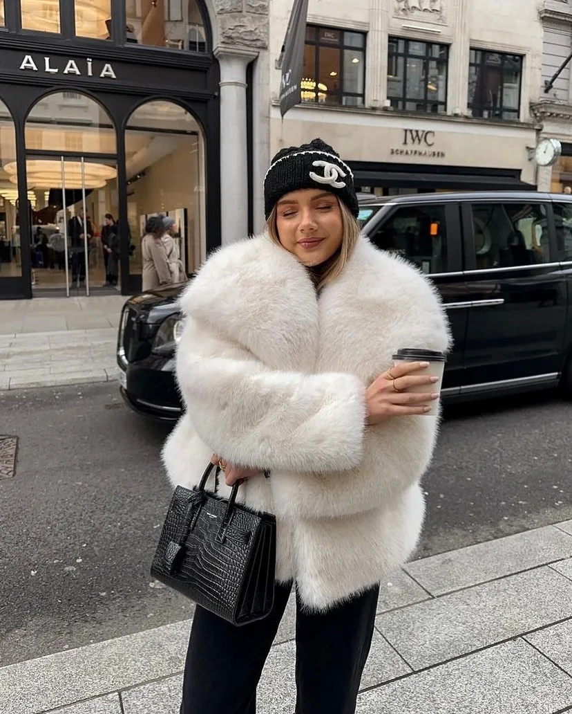 Faux Fur Coat Women Solid Fur Jacket Turn Down Collar Long Sleeve Single Breasted Loose Thick Warm Fur Casual 2025 Autumn Winter