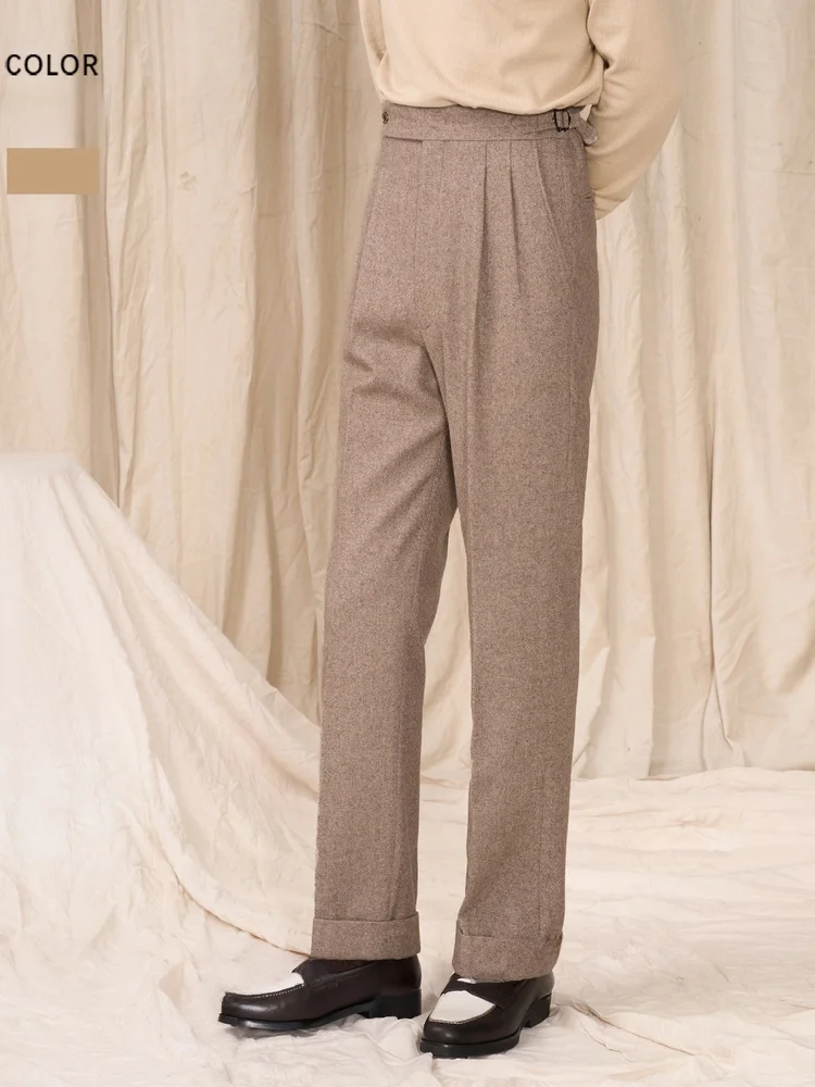 

Cultum Italian Neapolitan Men's Winter Trousers High Waist Straight Leg Double Pleat Woolen Cheered Busin Casual Pants
