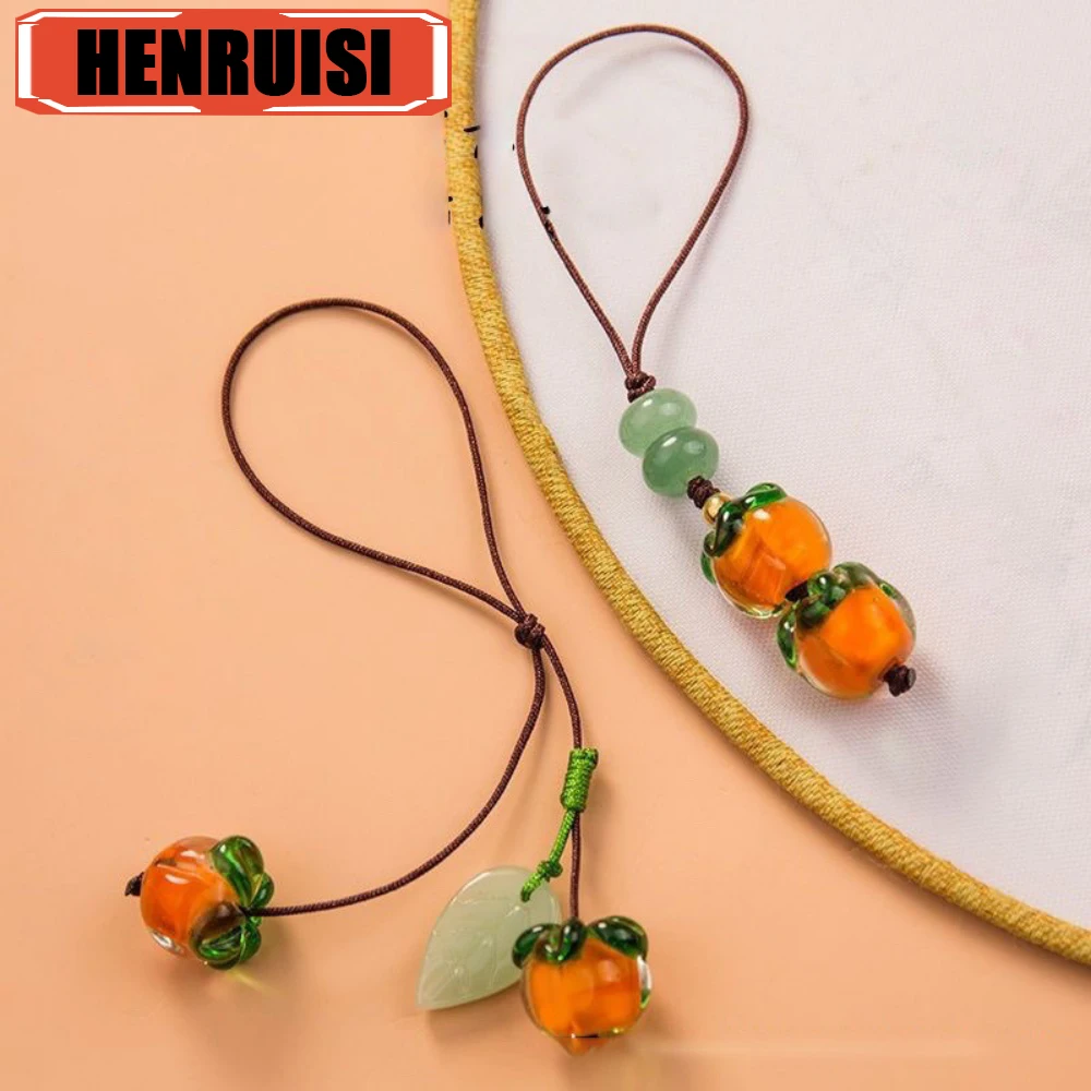 Cute Kawaii Persimmon Vintage Chinese Style Key Pendant Phone Charms Strap Lanyard Lucky Cellphone Pendant Chain For Keys Bags