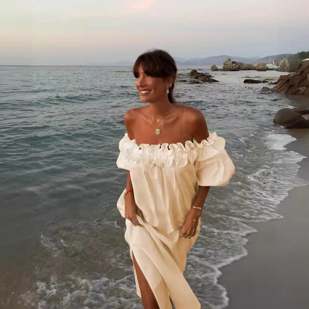 

Sexy Slash Neck White Women Dress Fashion Elegant Beach Party Holiday Casual Dresses New Female Ruffles Lantern Sleeve Vestidos