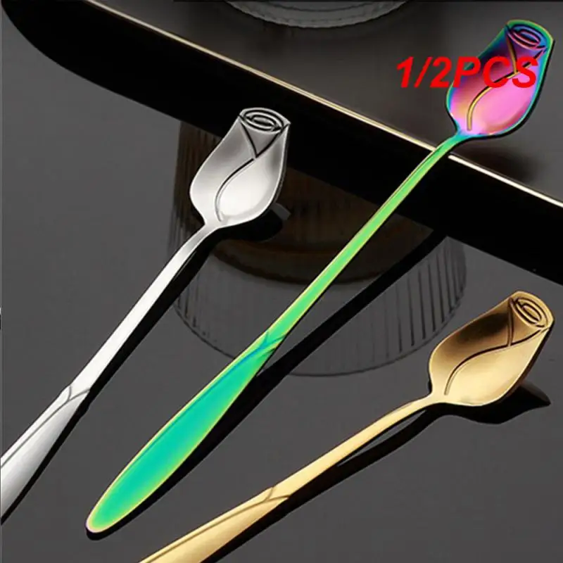 1/2PCS Dessert Spoon Long Handle Small Teaspoon Stainless Steel Spoon Tea Spoon Colorful Coffee Spoon Creative