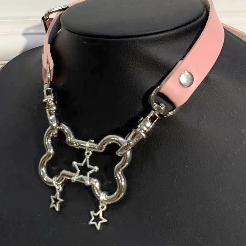 Grunge Accessories Pink Leather Bone Star Choker Women Kawaii Pendant Necklaces Sexy Jewelry Y2K Necklace Korea Fashion Chains