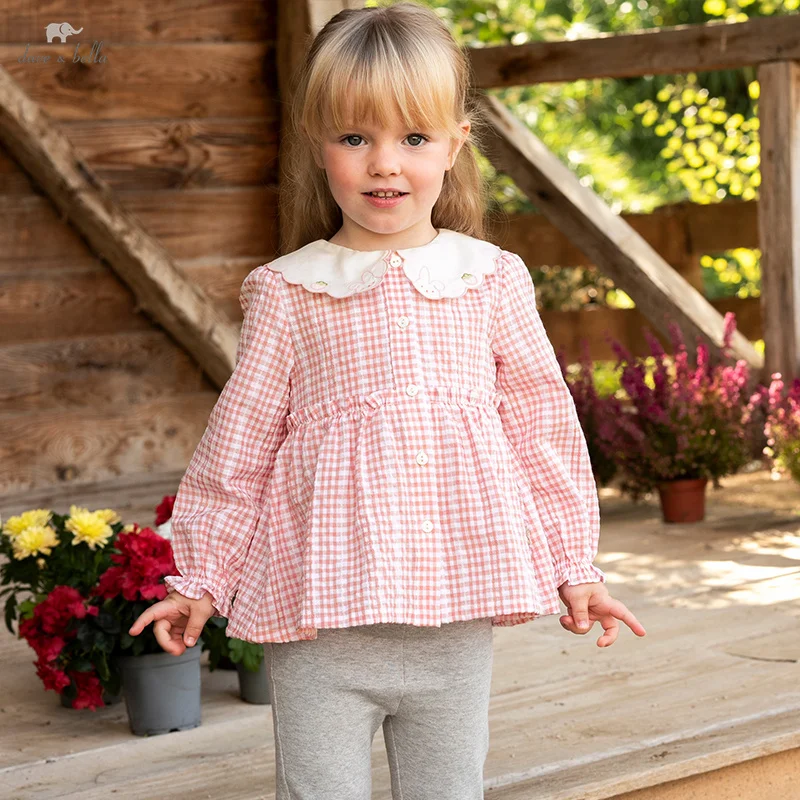 

Dave Bella 2025 Spring Children's Shirt Clothes Comfortable Girls Baby Pure Cotton Blouse Sweet Pink Plaid Casual Tops DB1250274