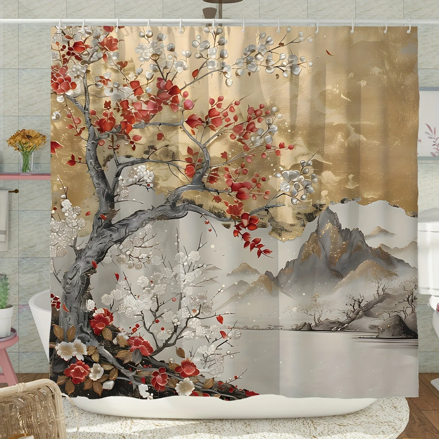 

Сельская занавеска для душа с рисунком чернил, моющаяся грязеотталкивающая насадка для душа, водонепроницаемая полиэстеровая занавеска для ванны