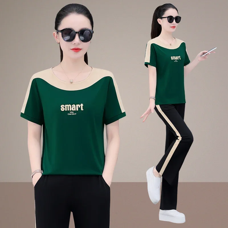 

Summer Sports Suit for Women Pant Sets O Neck Shirt and Pants Youthful Woman Tracksuit Outfits Women's Elegant Two Peice Sets