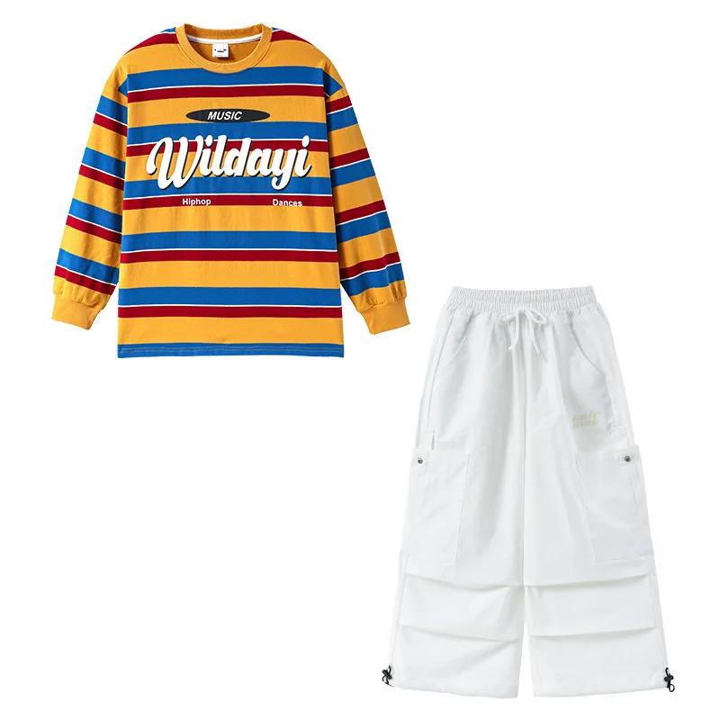 Kind Kpop Hip Hop Kleidung Orange Gestreiftes Sweatshirt Top Weiß Straße Fallschirm Cargo Hosen für Mädchen Junge Tanz Kostüme Kleidung