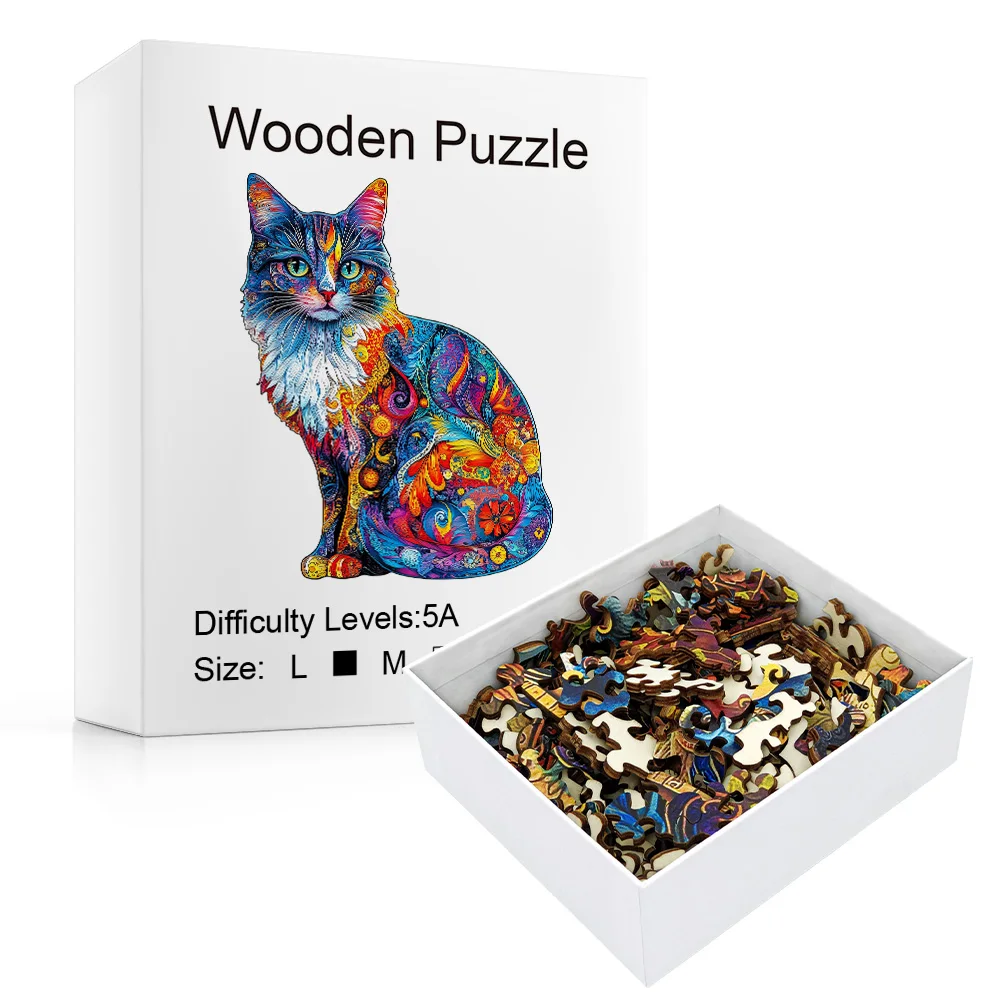 Vibrant Art Pattern Cat Wooden Puzzle, Irregular Cutouts Decor Jigsaw For Puzzle Lovers.