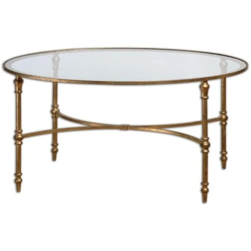 

28"D X 40"W X 20"H Coffee Table with Antique Gold Leaf Finish, Clear Tempered, Oval Coffee Table