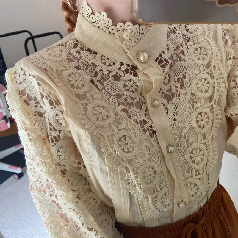 

New Fashion Hollow Out Lace Women's Shirts Elegant Long Sleeve Women Blouse Office Lady Buttons Woman Tops White Black Clothes