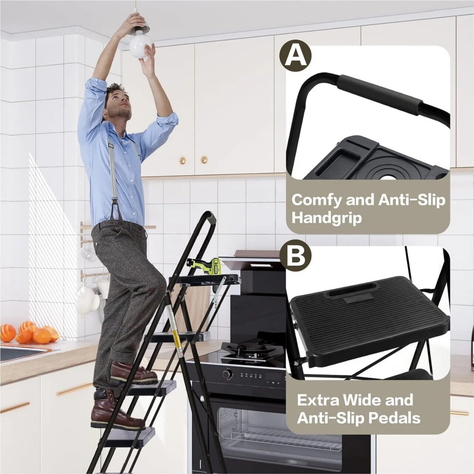 US 4-Step Folding Ladder com Tool Platform, Anti Slip