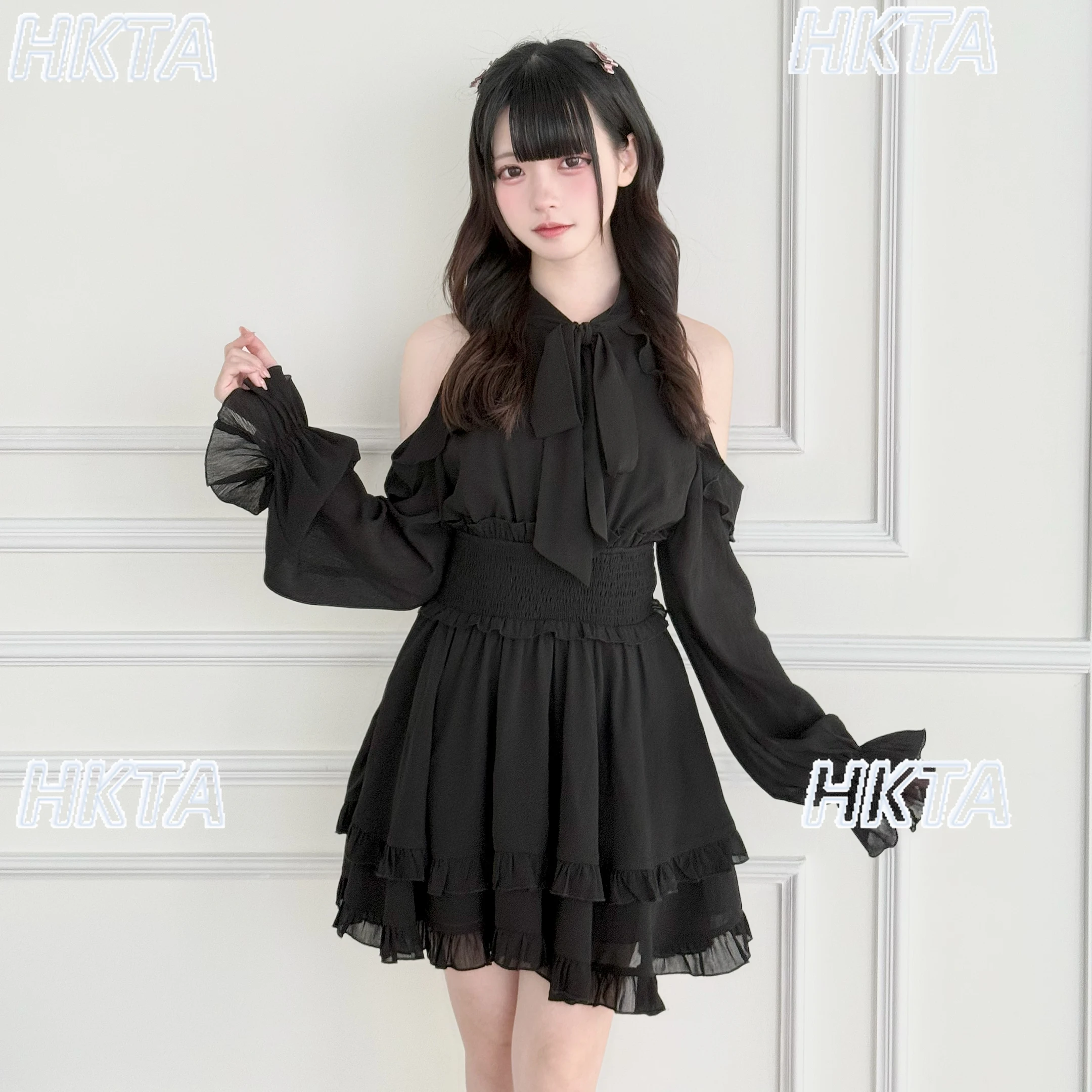 اليابانية نوع الإنتاج الضخم الحلو أنيقة قبالة الكتف فستان أسود المرأة الخريف جديد ركاب الخصر فساتين الشيفون السيدات