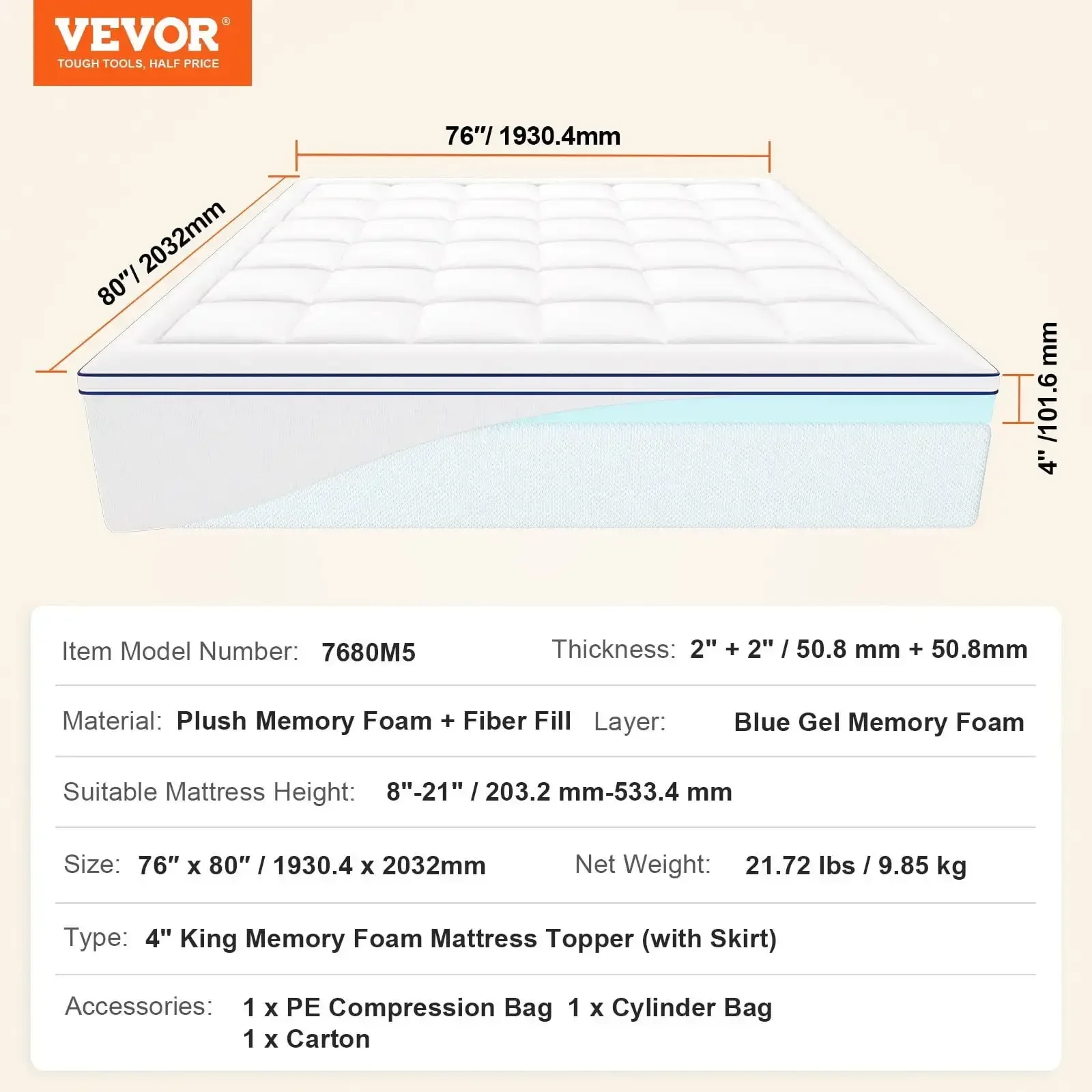 Mattress Topper Premium Memory Foam Fiber Fill King Size Tebal 4