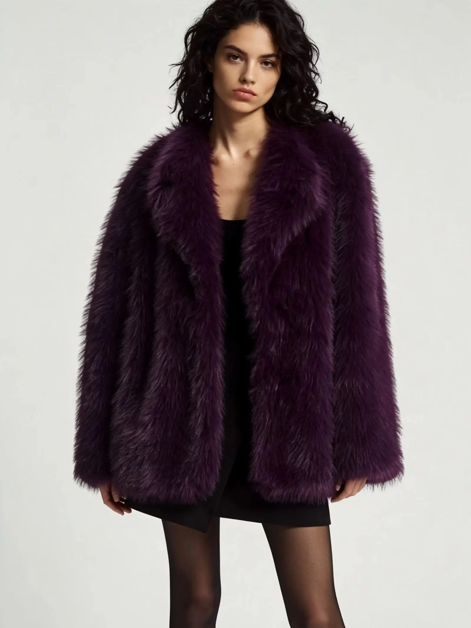 LIMO Ladies Faux Fur Jacket Notched Collar Open Front Casual Loose Fit Fashion Plush Outer Coat